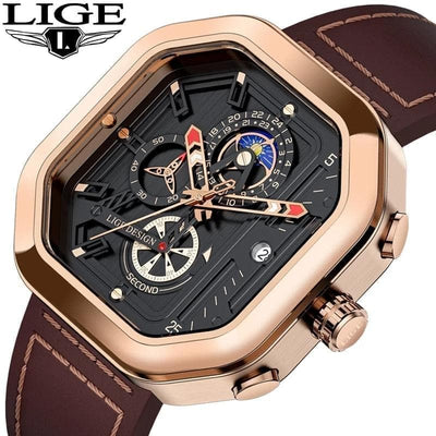 LIGE Fashion Square Dial Leather Luxury Sport Waterproof Chronograph Quartz watch