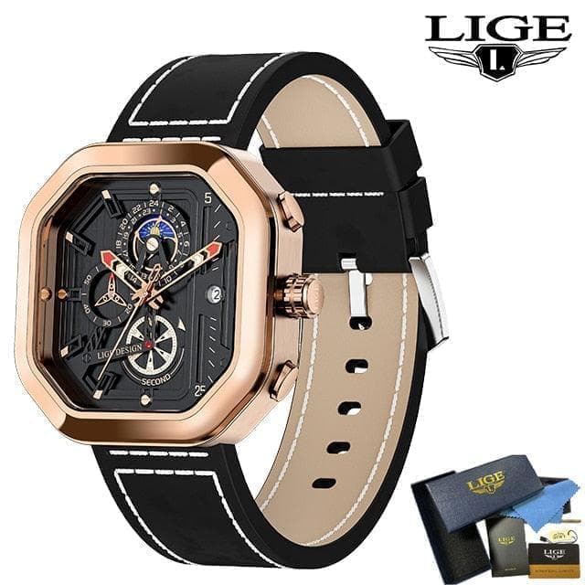 LIGE Fashion Square Dial Leather Luxury Sport Waterproof Chronograph Quartz watch