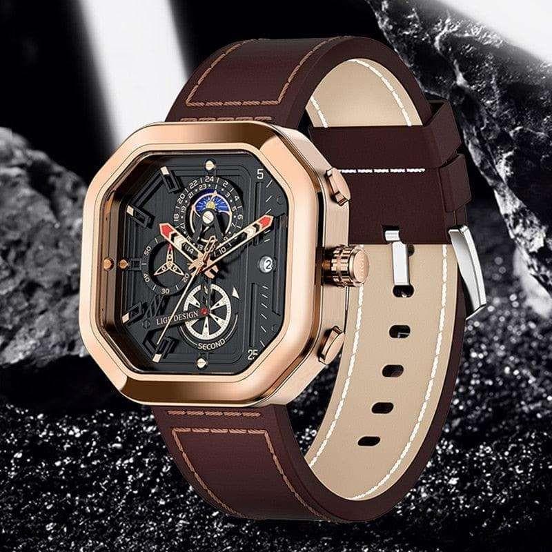 LIGE Fashion Square Dial Leather Luxury Sport Waterproof Chronograph ...